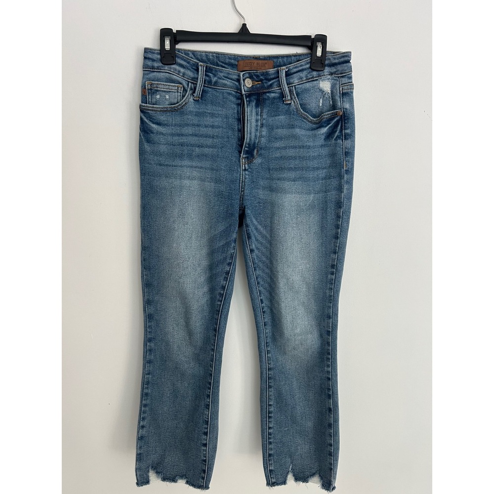 Judy Blue Los Angeles Kick Flare Jeans Medium Wash Distressed Raw Hem Size 5/27